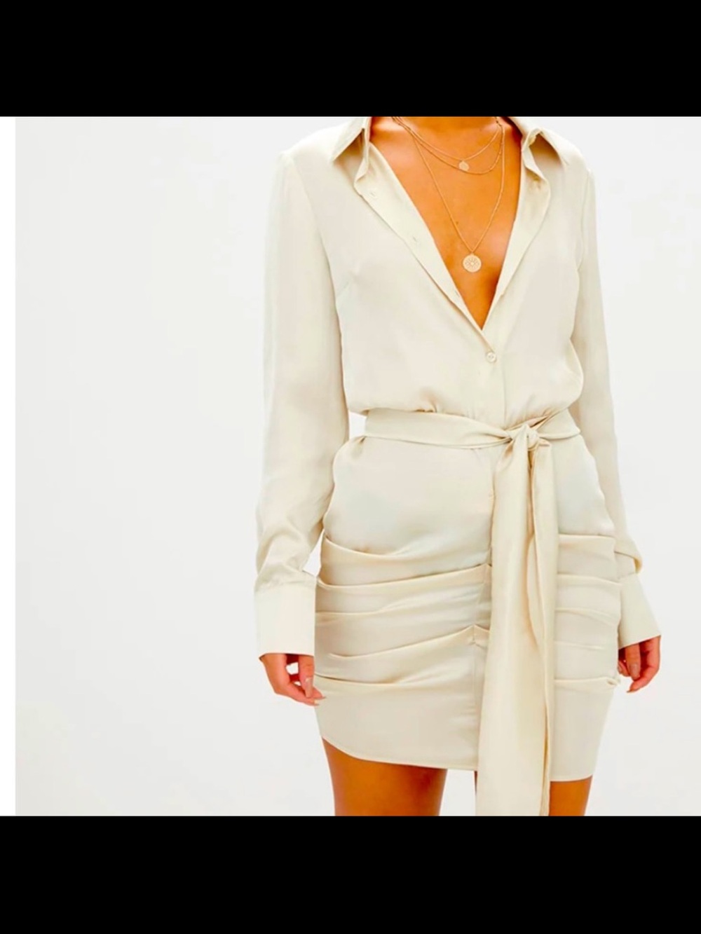 Pretty Little Thing - Cream Long-Sleeve Shirt Dress with Waist Tie - Size 12